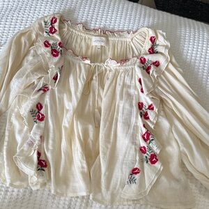 THE GREAT. Cream Peasant Blouse with Red Floral Embroidery